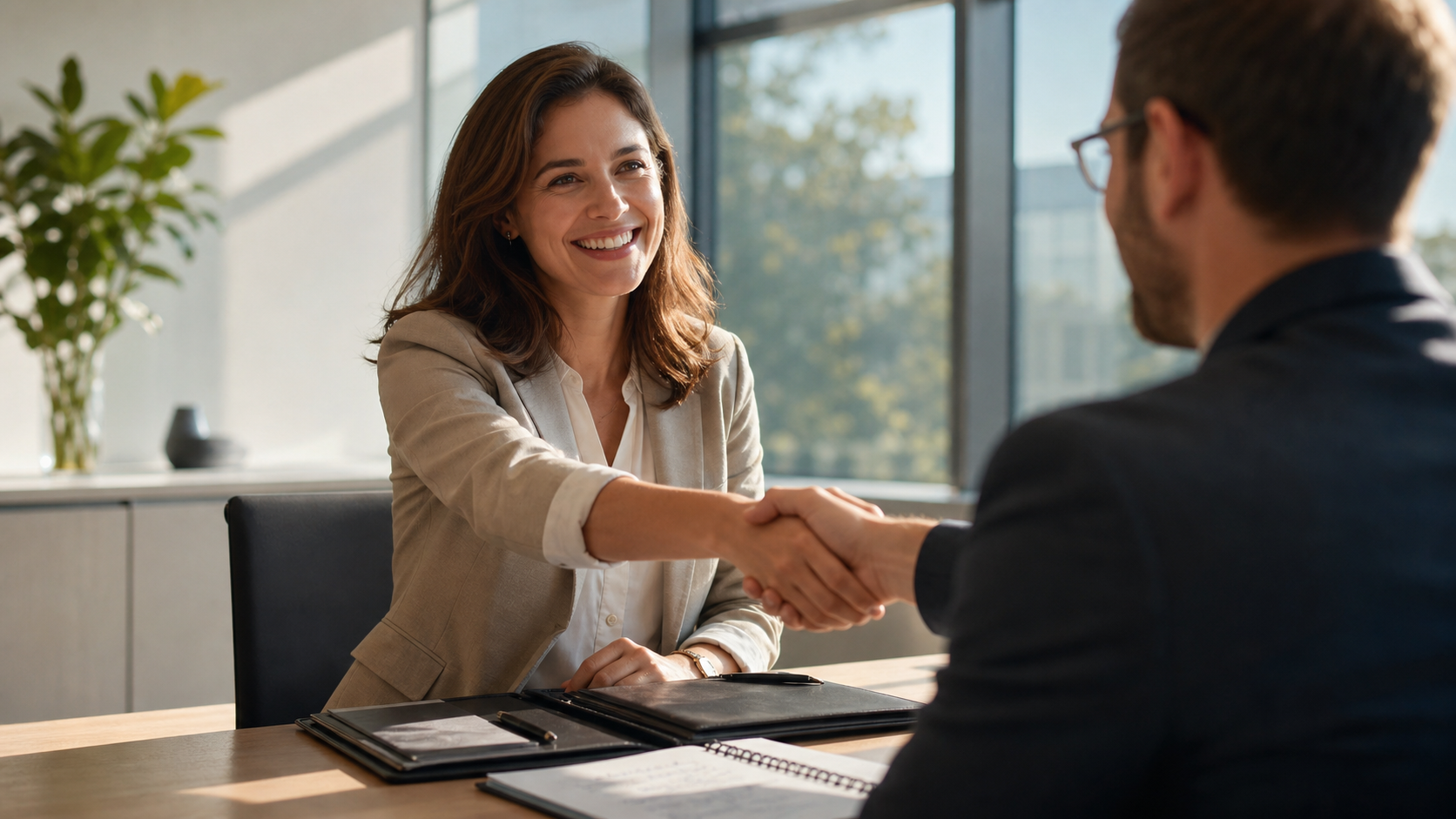 Photo: a confident professional in business casual shaking hands with an interviewer across a bright modern
