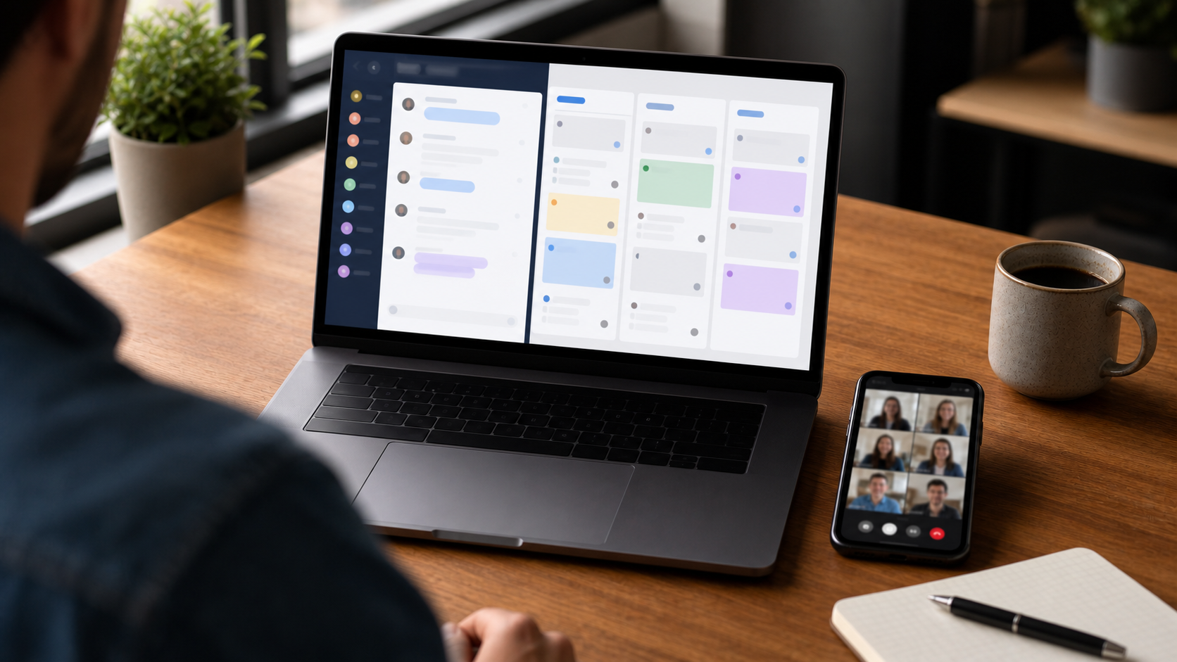 Over-the-shoulder shot of a laptop screen showing a side-by-side team collaboration workspace: a chat panel