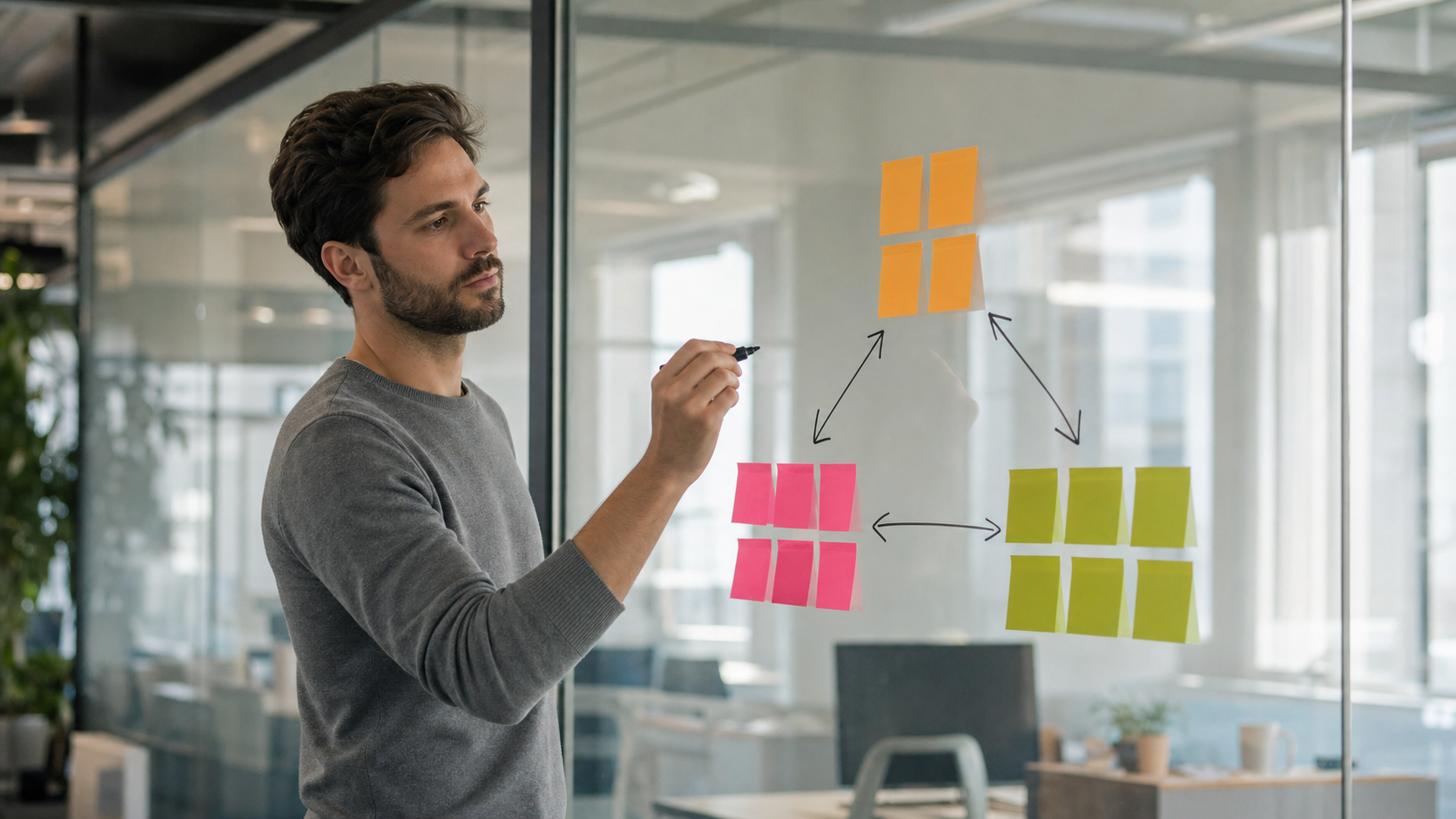 Scene of a hybrid team at work: a small group gathered around a glass whiteboard covered in sticky notes and a