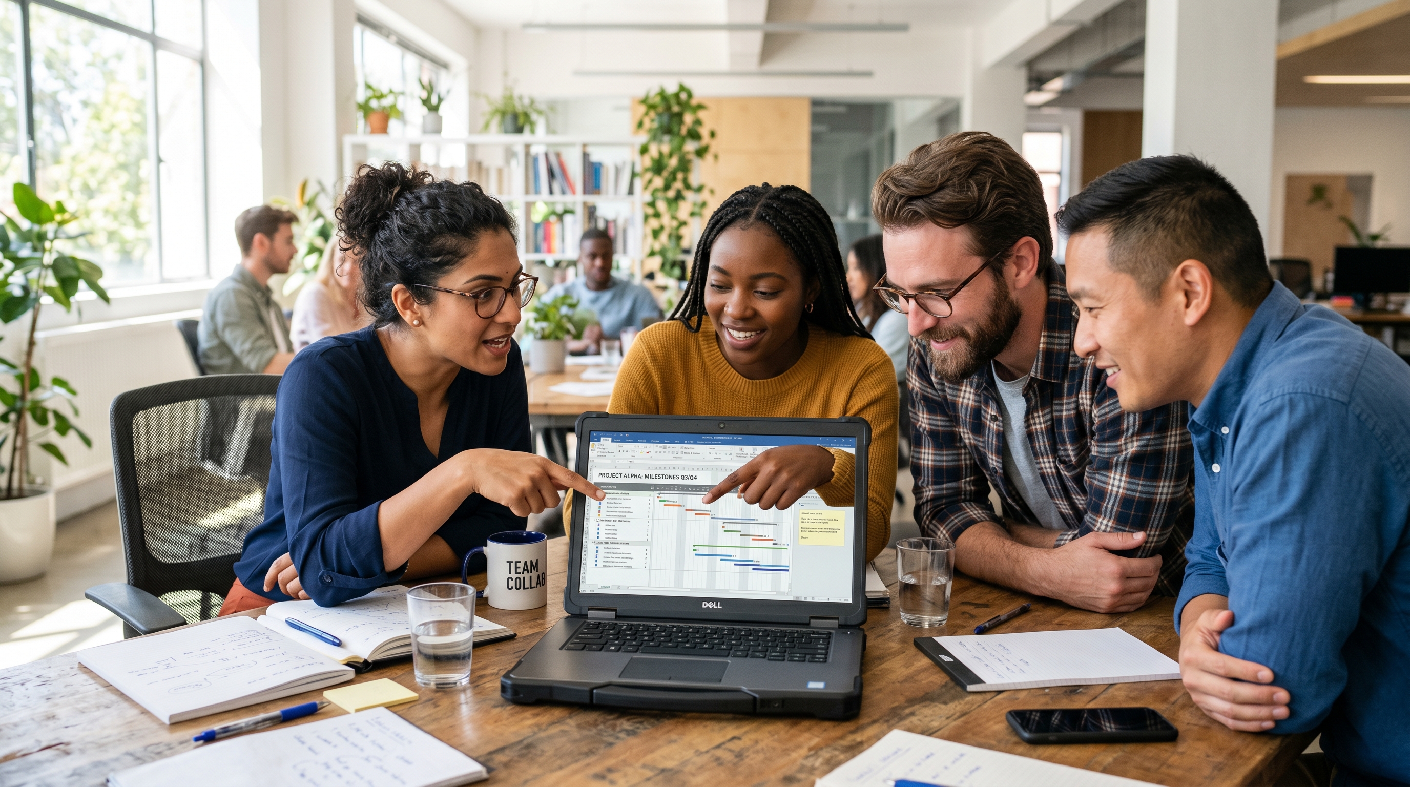 Four diverse colleagues working together around a laptop to align on one shared team goal