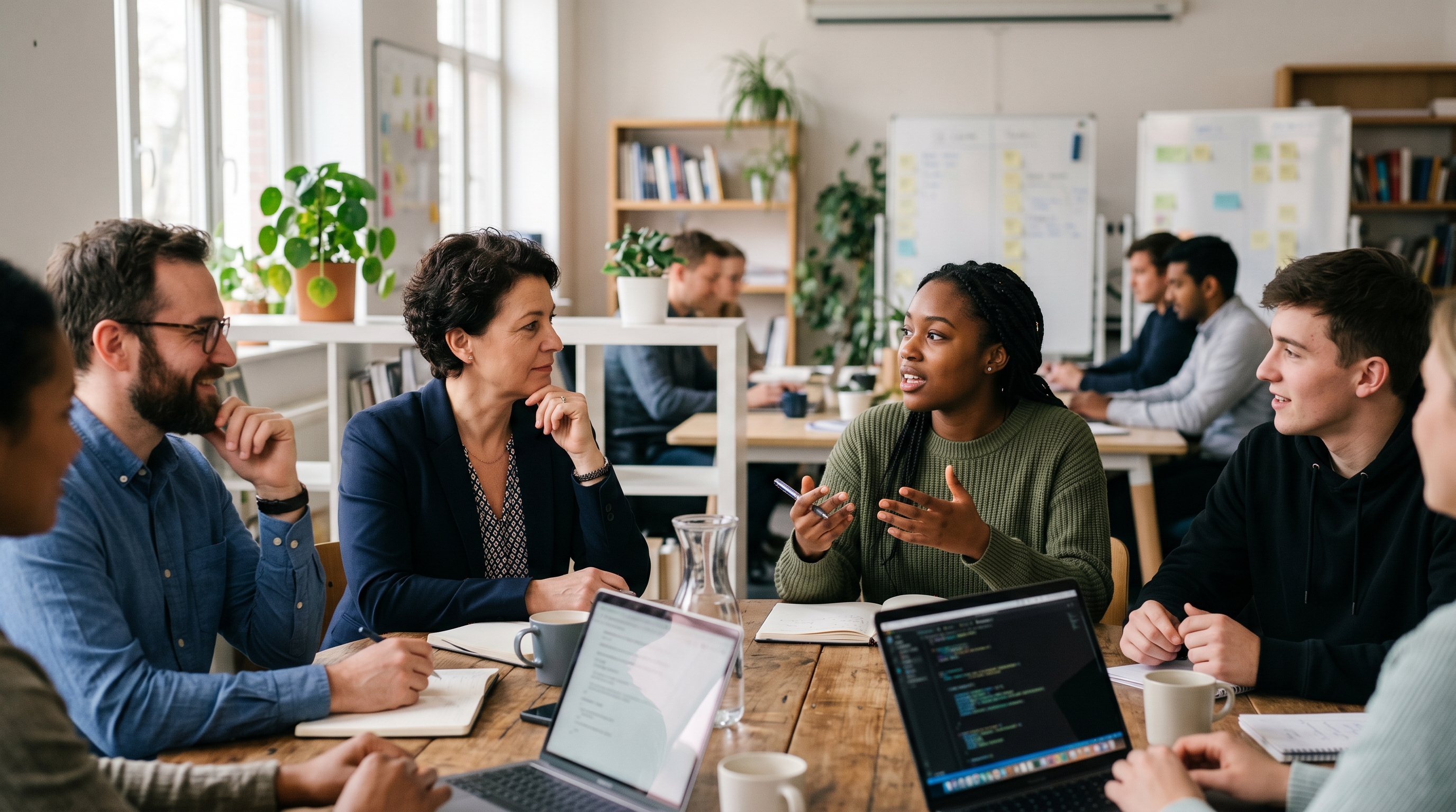 Manager listening as a team member speaks up in a supportive meeting, a sign of real teamwork