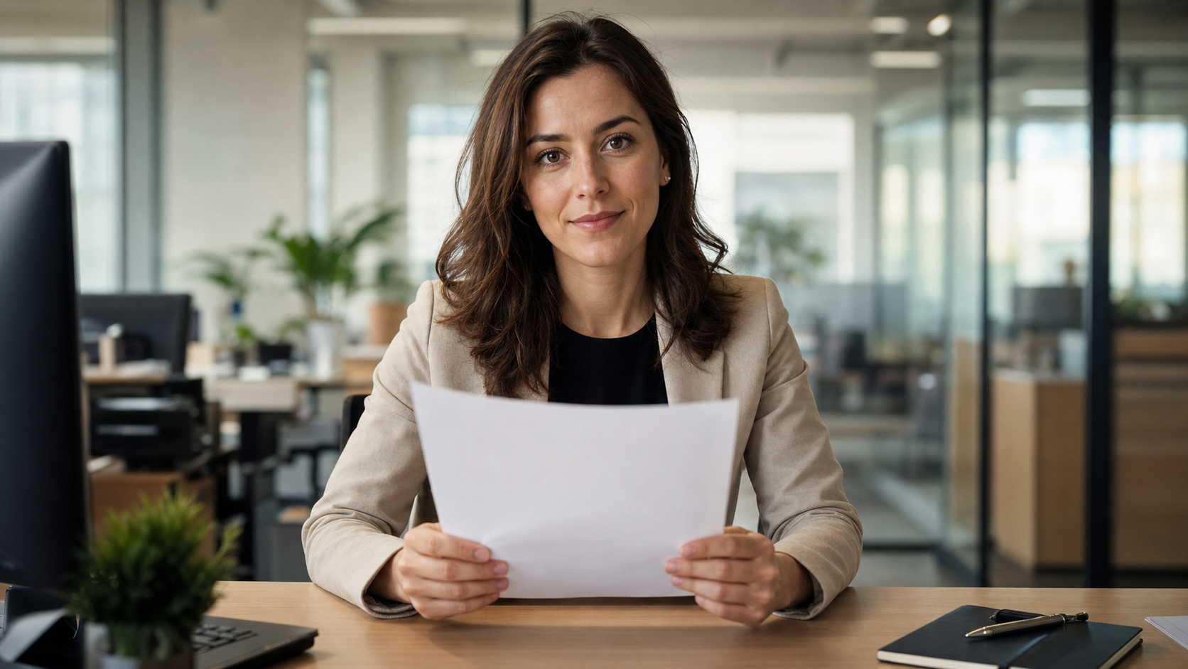 Woman holding her two weeks notice letter at her office desk, looking calm and resolved