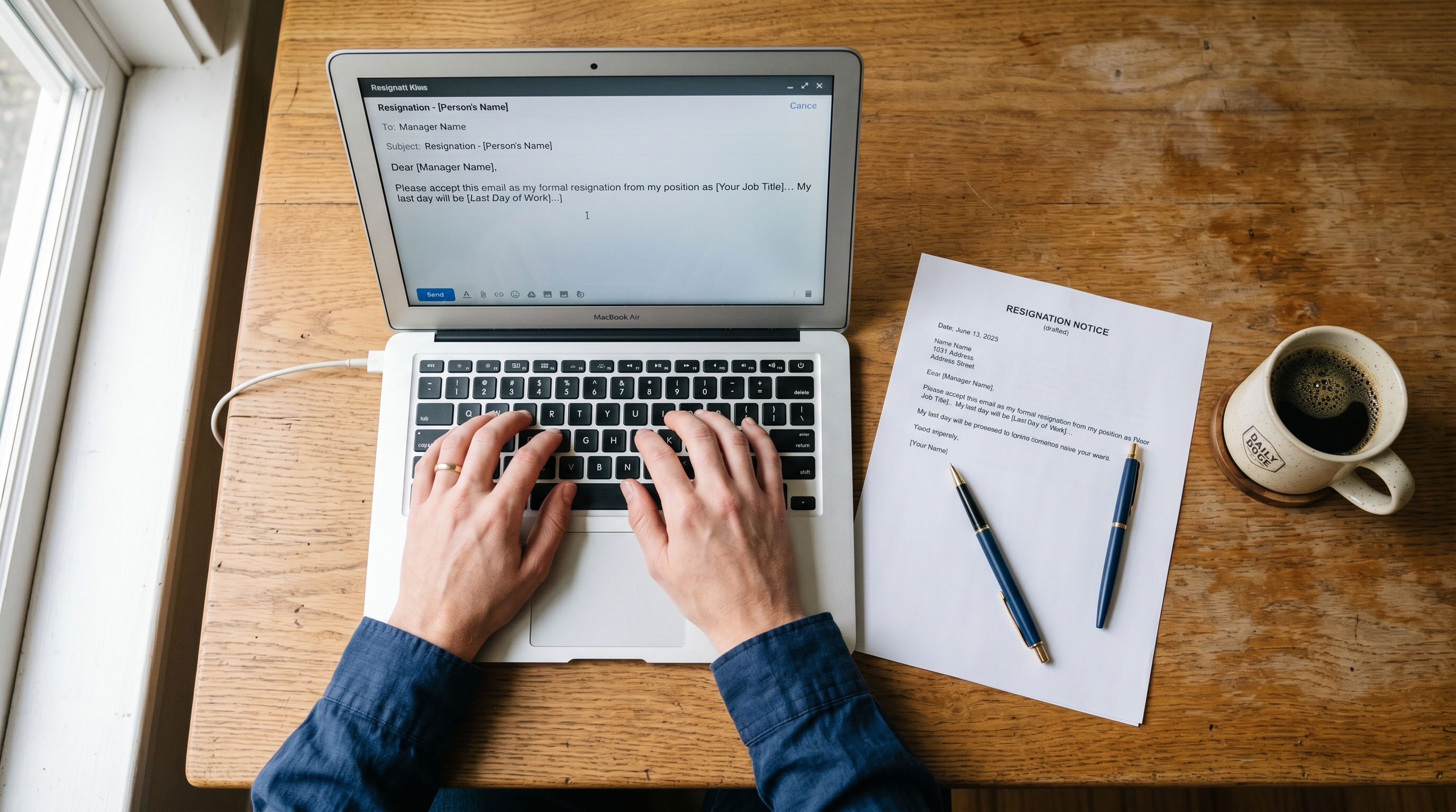 Printed two weeks notice letter on a desk beside a laptop showing the standard short format