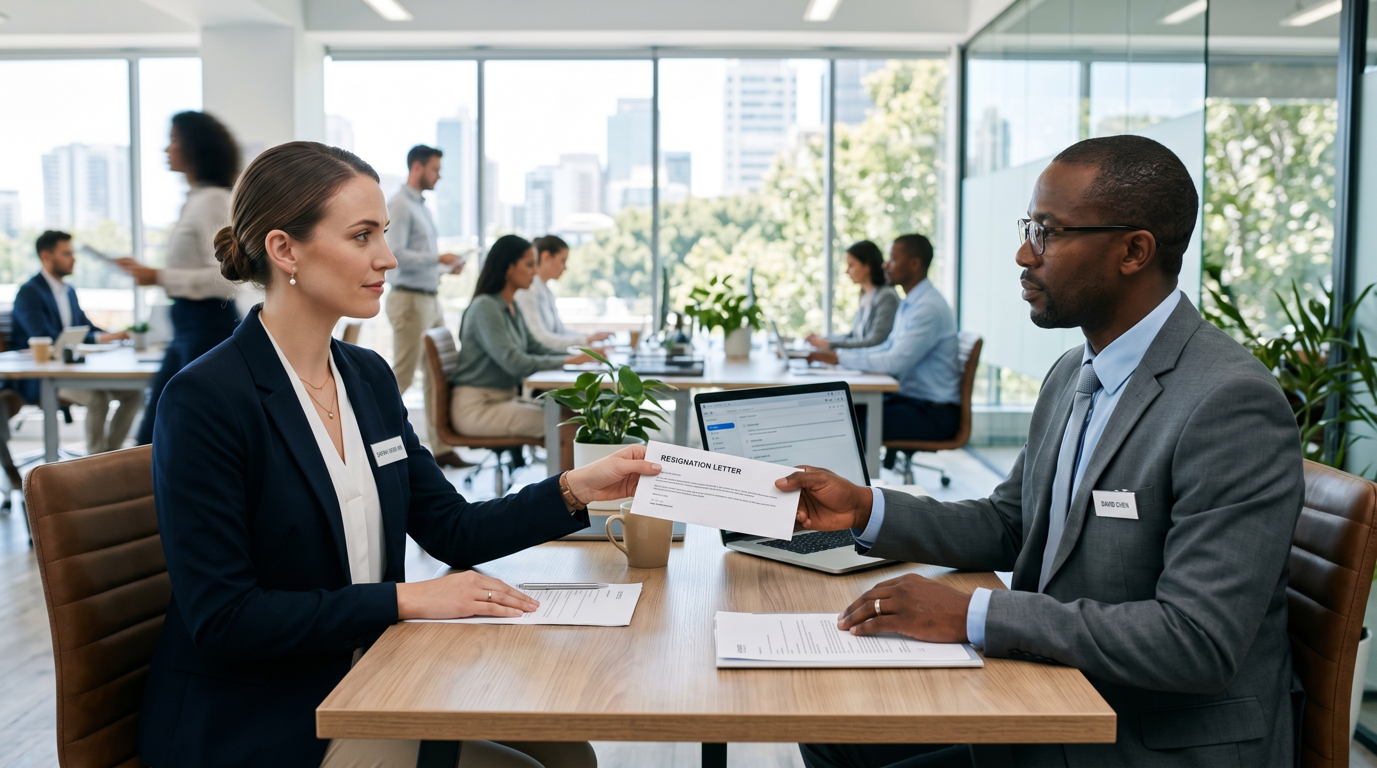 Employee giving two weeks notice to a manager in a calm one-on-one meeting before sending the letter