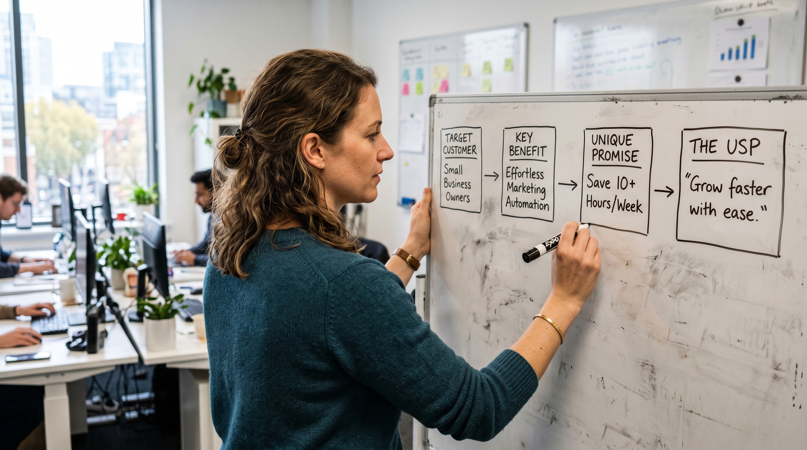 Marketer mapping a unique selling proposition framework on a whiteboard with benefit and customer boxes