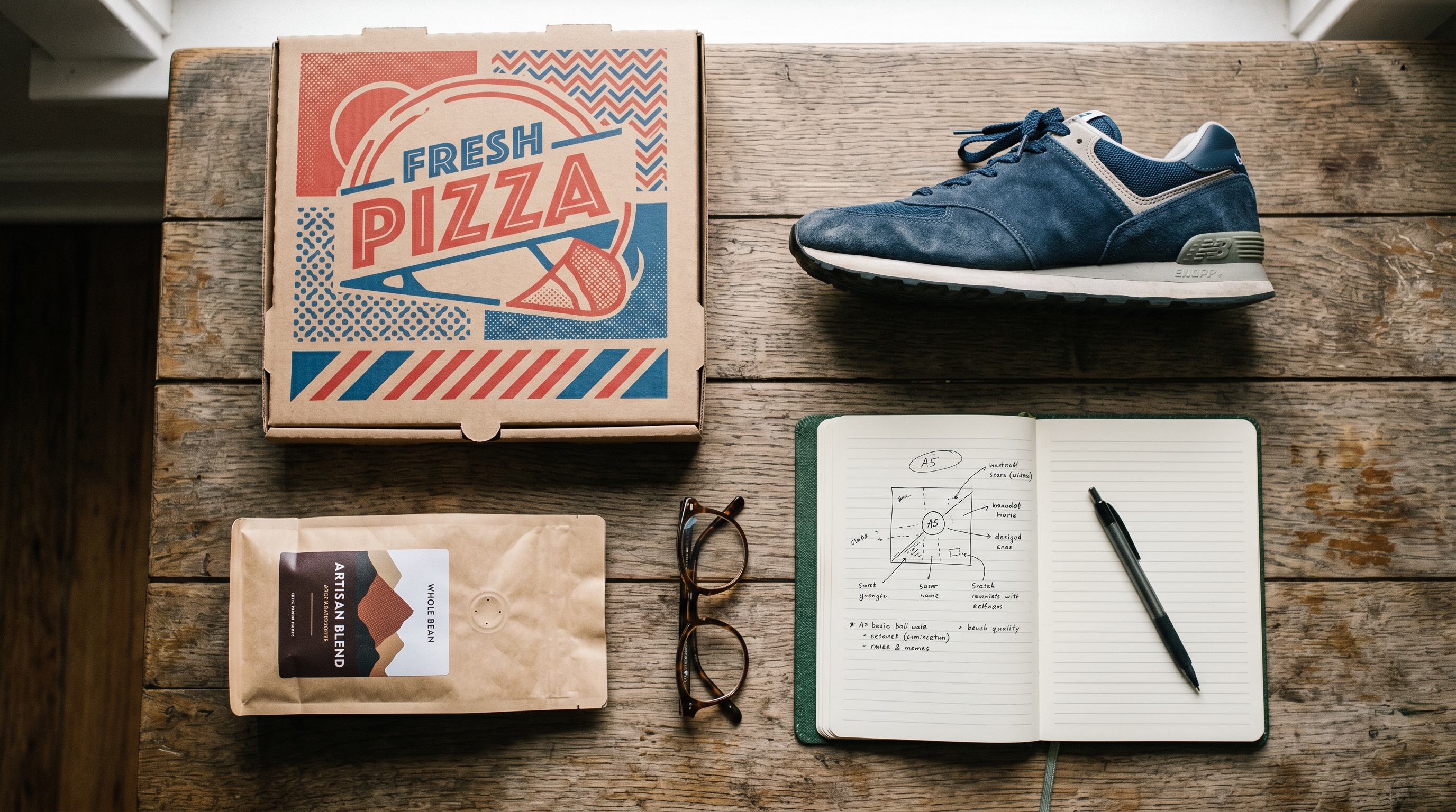 Desk flat-lay of products representing famous unique selling proposition examples like delivery, shoes and coffee