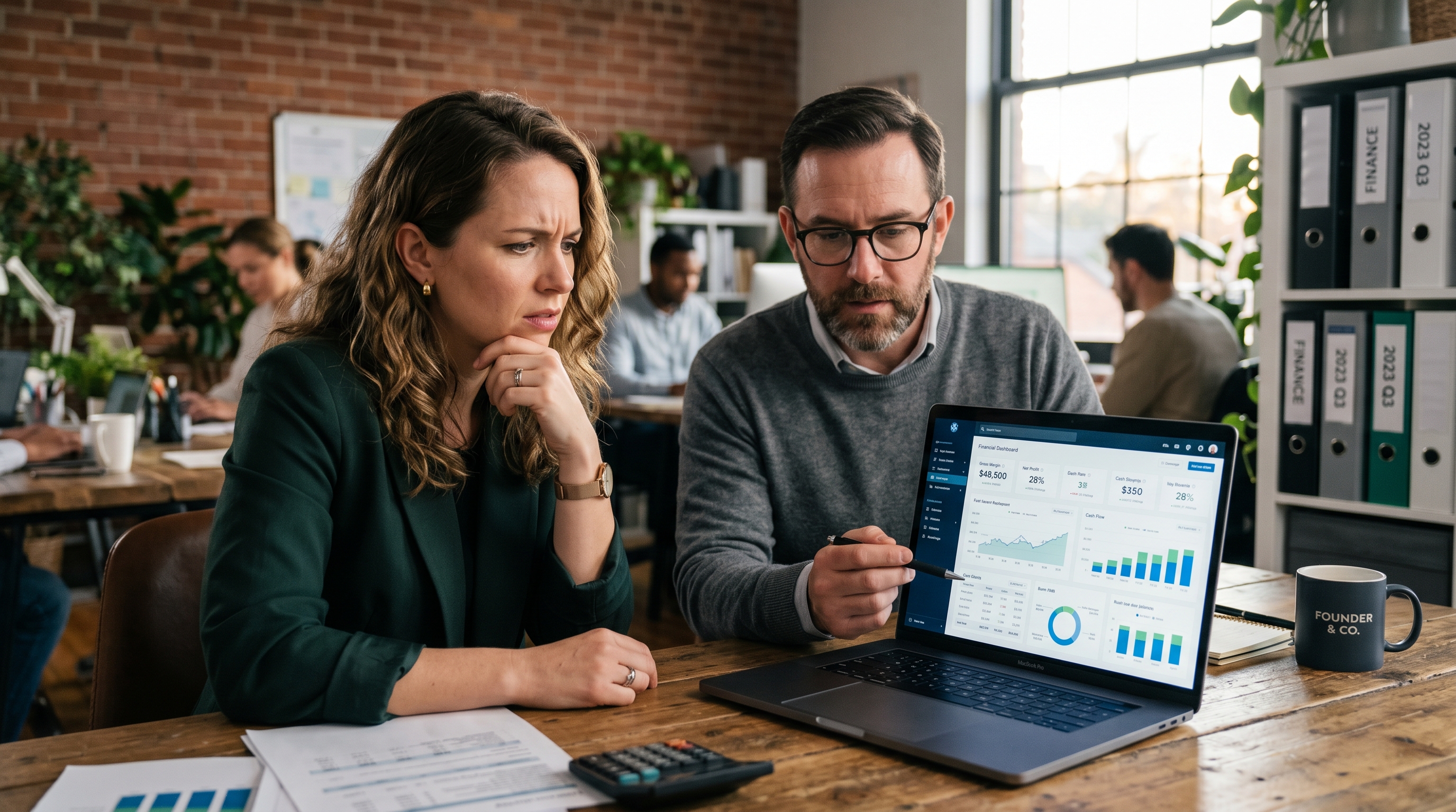 Founder reviewing gross margin and cash flow on a dashboard to test if a price-based USP is fundable