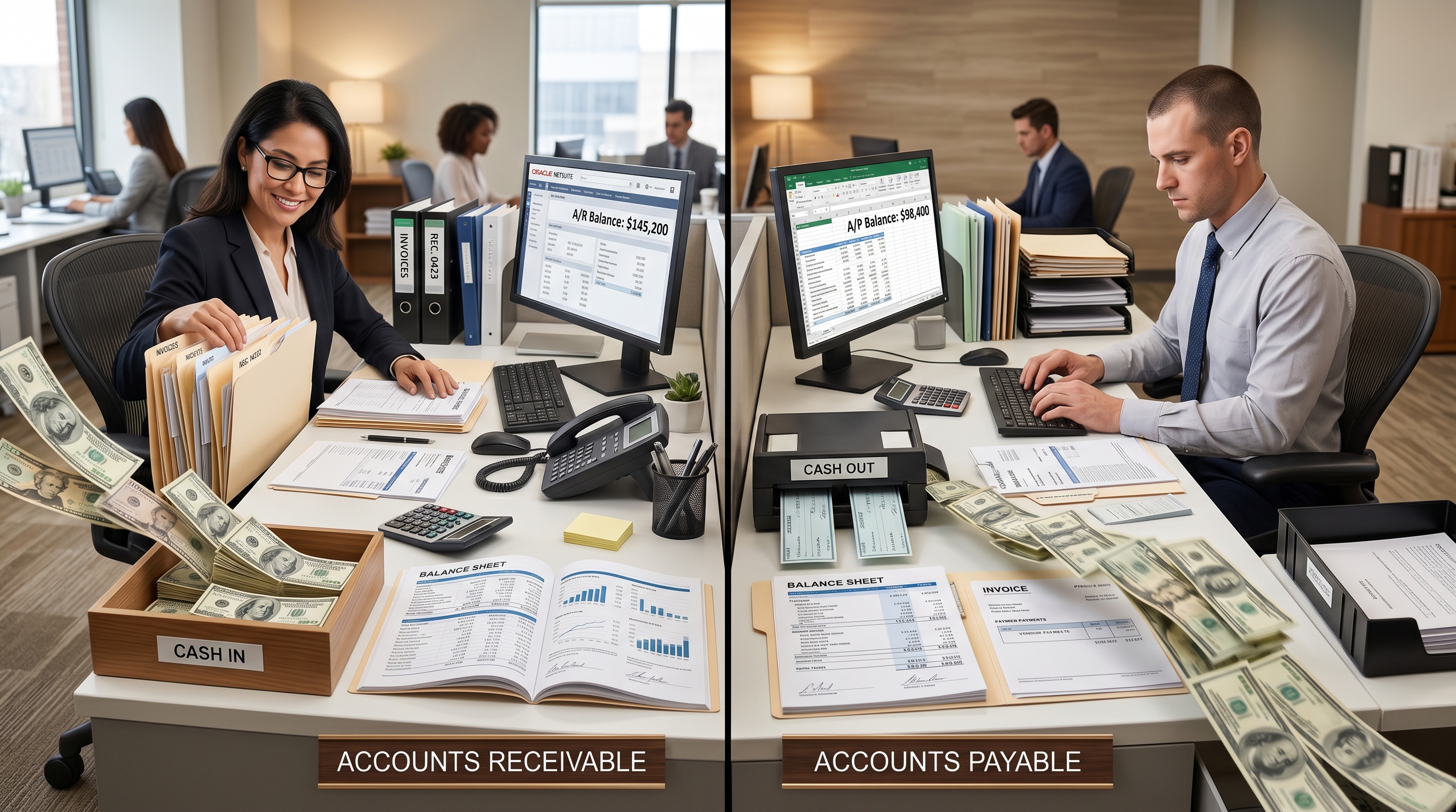 Accounts receivable and accounts payable folders showing money owed in and out