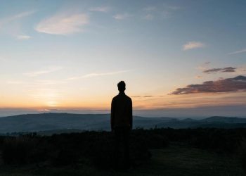 A silhouetthe of a man standing on green grass field during sunset
