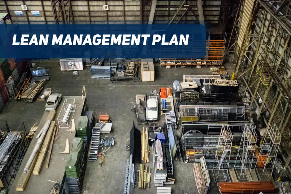 A picture containing a factory and text saying lean management plan.