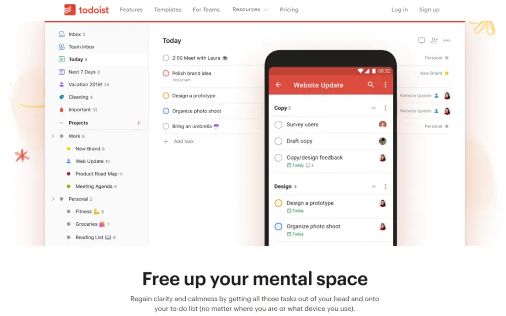 image of the home page of Todoist Free Time Management Tools
