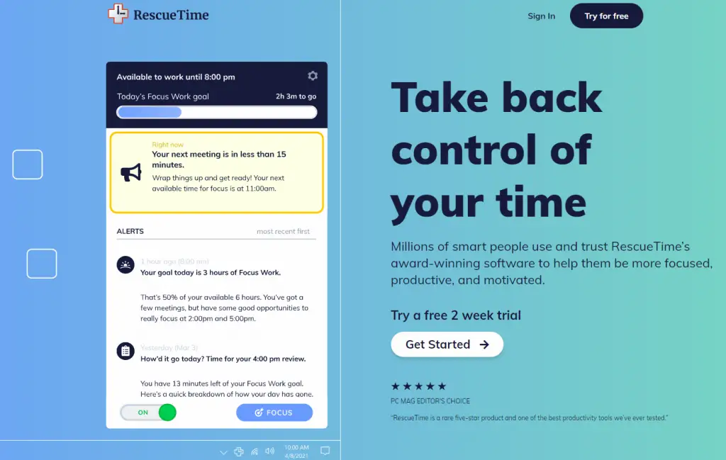 image of the home page of RecueTime Free Time Management Tools