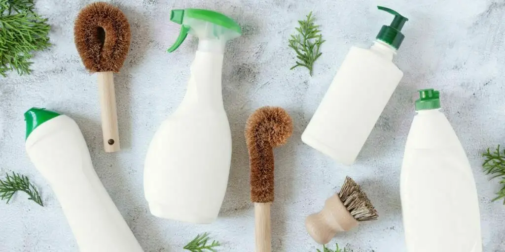Set of different bio-organic detergent products and eco-friendly bamboo brushes for home