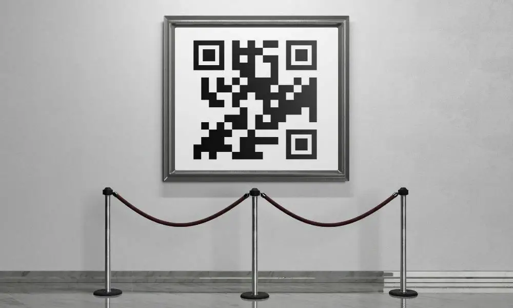 QR code in a museum paiting with velvet barriers in front. Digital art 