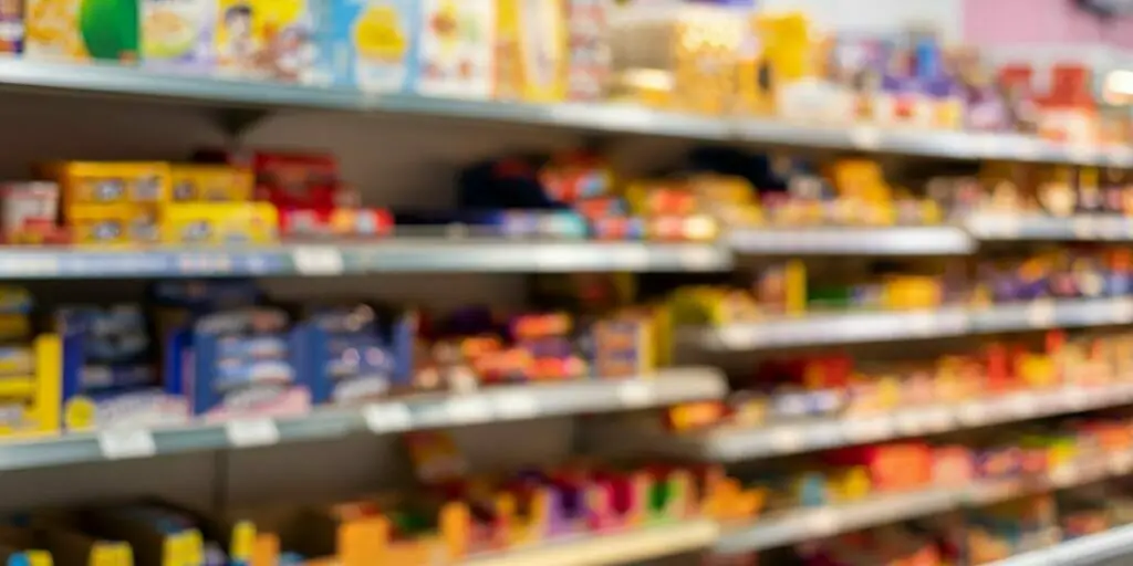 Defocused food store shelf with pre-packaged food, blurred