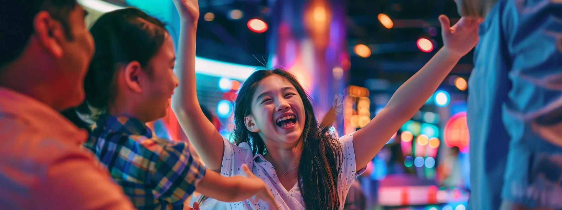 a family laughing and high-fiving each other at a topgolf bay, surrounded by colorful targets and cheering spectators.