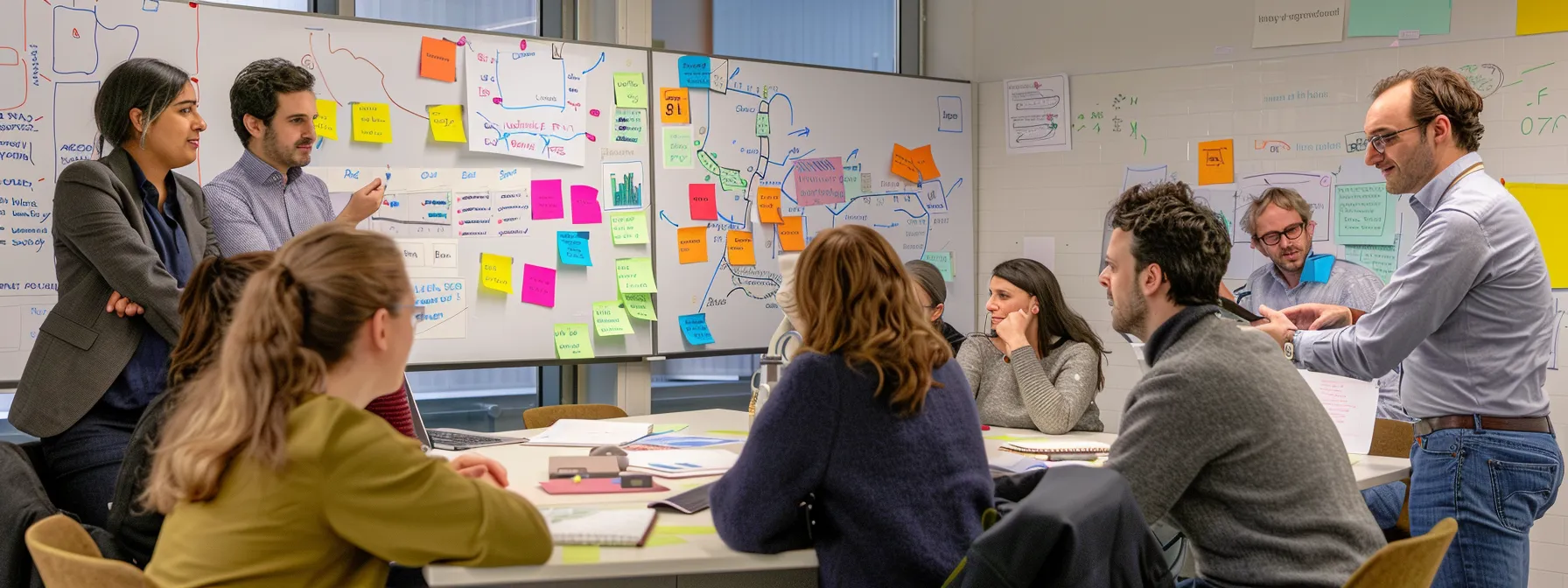 a diverse team gathered around a table, engaged in a lively discussion with a whiteboard full of ideas and solutions in the background.