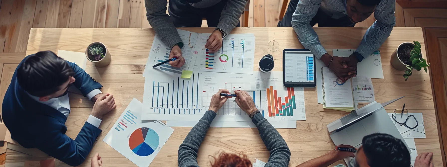 a group of diverse team members in a heated discussion around a table cluttered with charts and graphs.