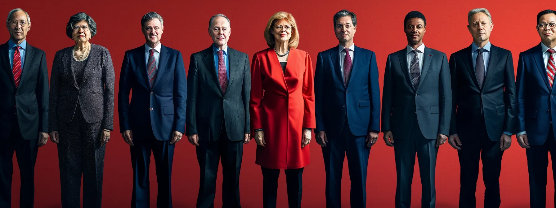 a powerful image of leaders standing together, each embodying different aspects of crisis leadership through their confident posture and determined expressions.