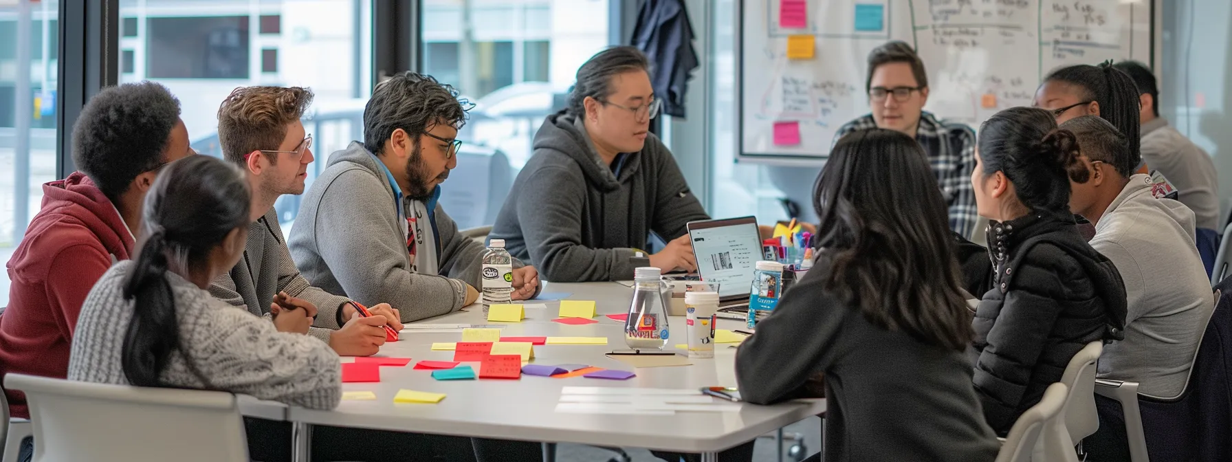 a diverse team gathered around a table, brainstorming ideas with colorful post-it notes and a whiteboard in a brightly lit room.