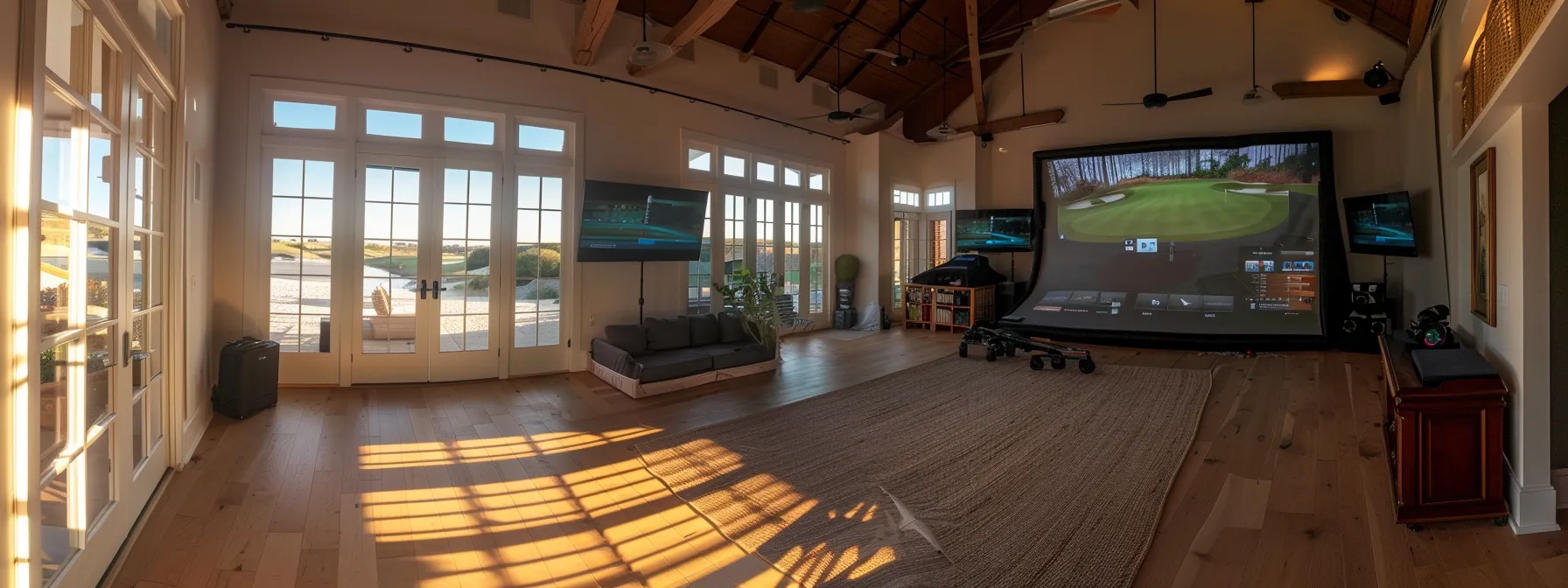 a spacious, well-lit room with high ceilings, free of obstructions, showcasing a portable home golf simulator setup.