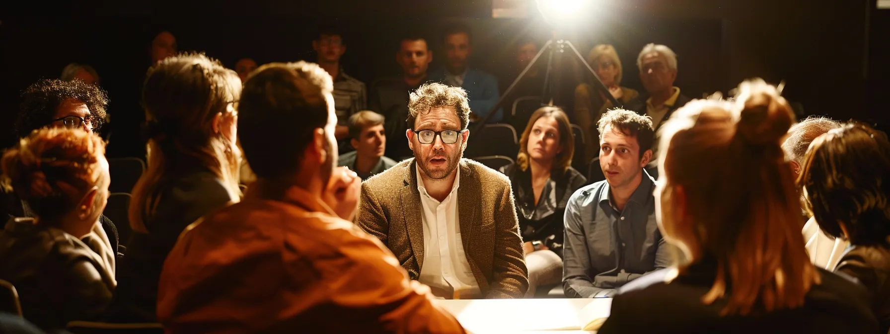 a tense workplace meeting where one employee is being falsely accused, surrounded by concerned colleagues and a mediator trying to maintain order.