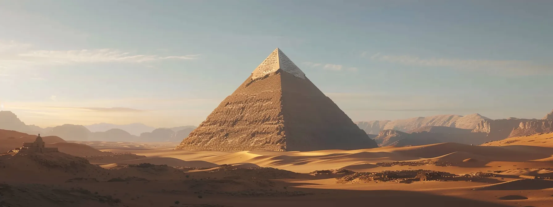 a grand pyramid towering over a vast desert landscape, showcasing the architectural marvels commissioned by ancient rulers like psusennes i and avitus.