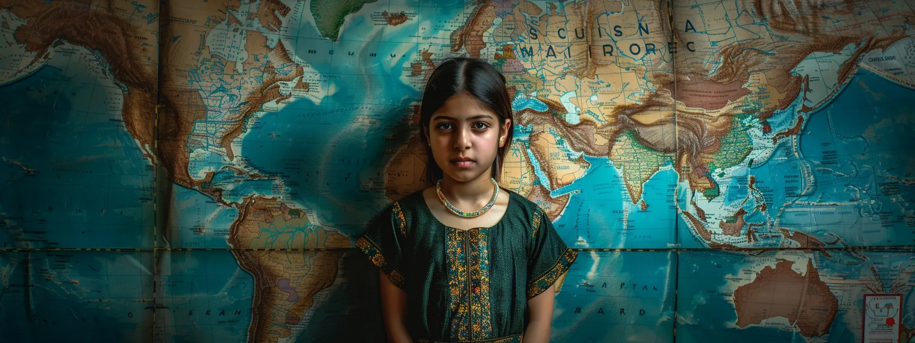 a determined young girl standing confidently in front of a global map, symbolizing malala yousafzai's commitment to championing girls' education worldwide.