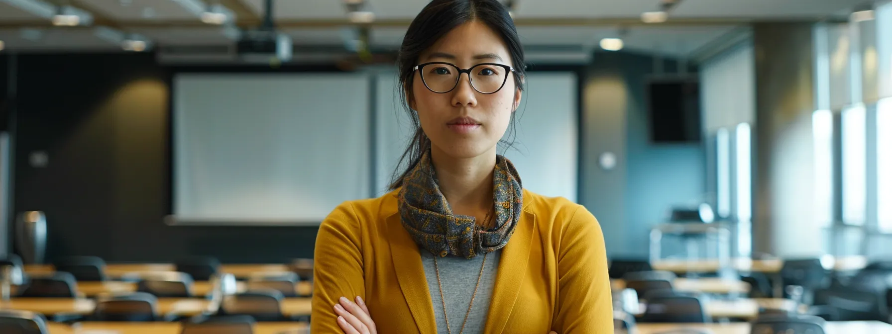 a solitary worker stands confidently in a conference room, surrounded by resources and guides on managing workplace disputes independently.