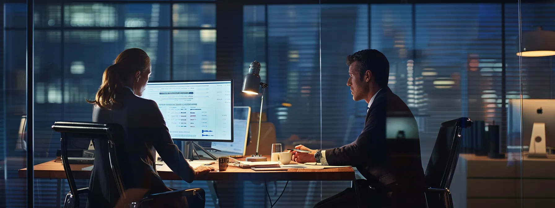 a determined individual consulting with a lawyer in a modern office, surrounded by legal documents and a computer displaying a government website on defamation claims.