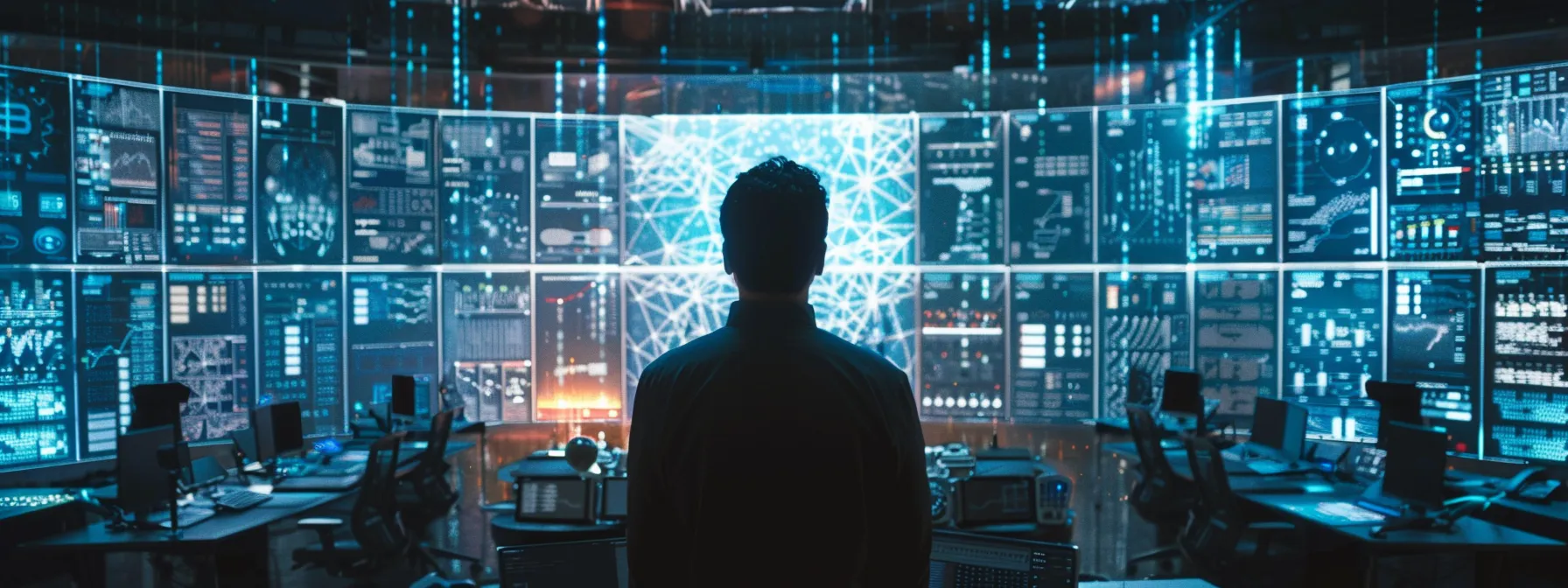 a tech leader surrounded by glowing screens displaying complex data analytics and interconnected iot devices in a sleek, futuristic office space.