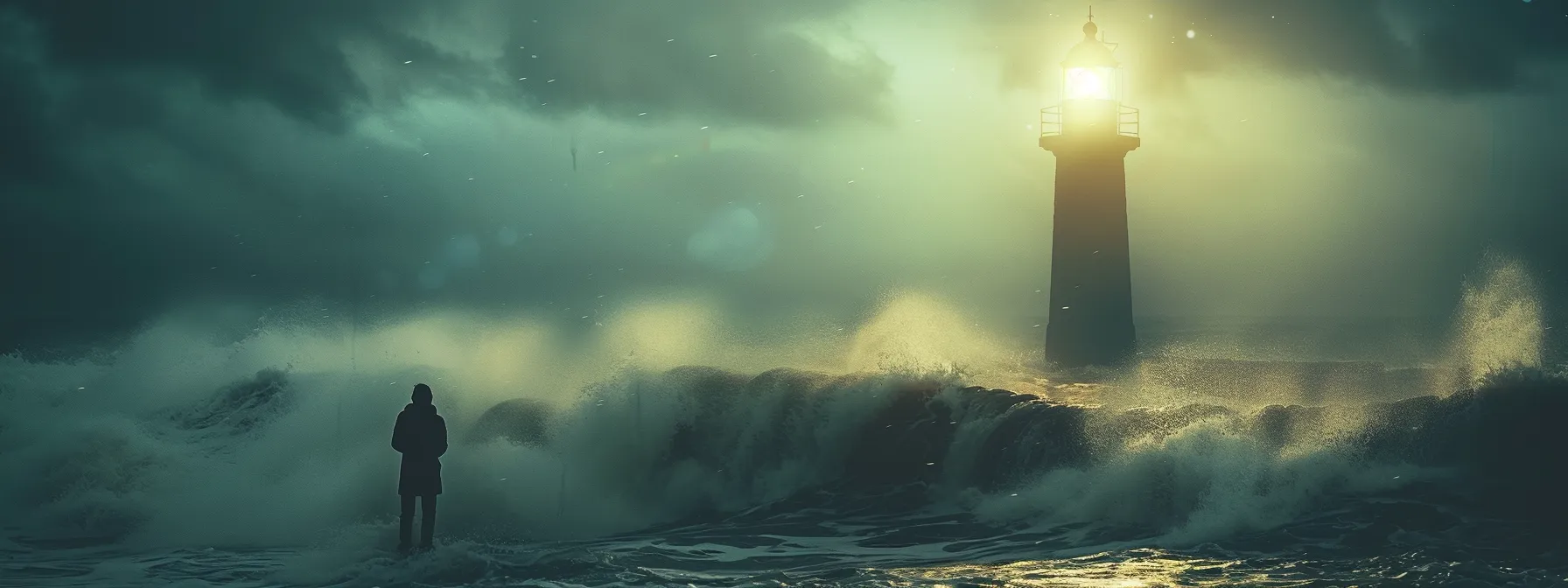 a confident leader standing firm with unwavering determination amidst a stormy sea, guiding their team towards a distant lighthouse of clarity and direction.