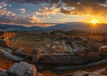 a majestic archaeological site in greece under a vibrant sunset, symbolizing alexander the great's impact on global trade routes and economic connections.