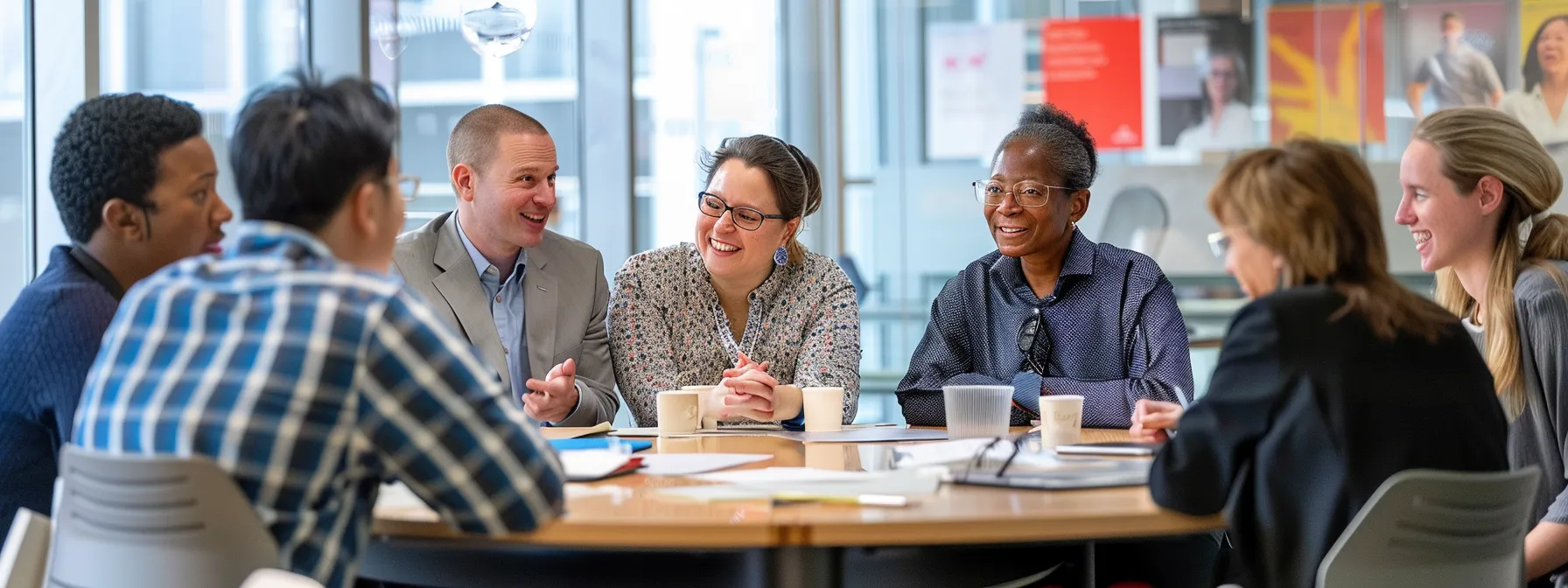 a group of diverse employees gathered around a table, engaged in a dynamic discussion, with a clear and inspiring visual representation of the organization's values and goals displayed prominently in the background.