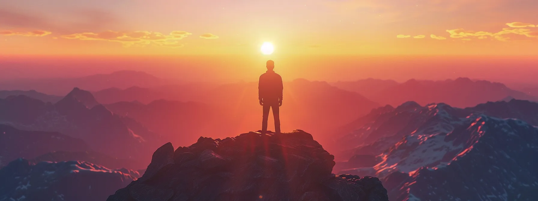 a leader standing at the top of a mountain, looking out at a clear, inspiring horizon, embodying visionary thinking and success.