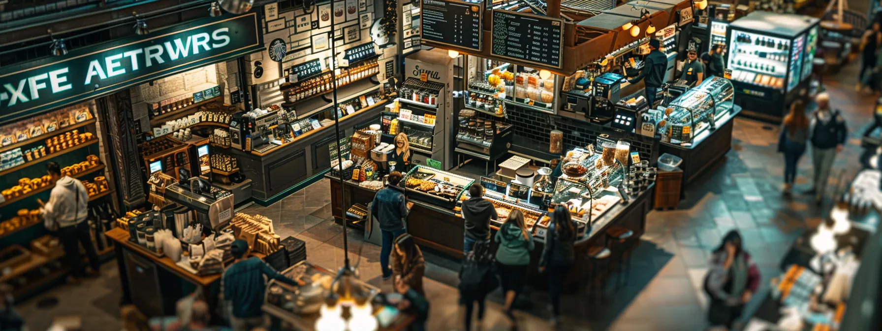 a bustling and vibrant coffee chain market with iconic starbucks stores standing out amongst a sea of competitors, showcasing the evolution of supply chain dynamics and consumer demand globally.