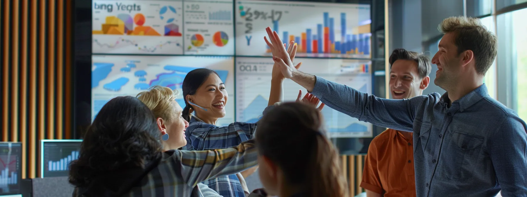 a team celebrating with high-fives and smiles in a modern office setting, surrounded by charts and graphs showing positive progress and growth.