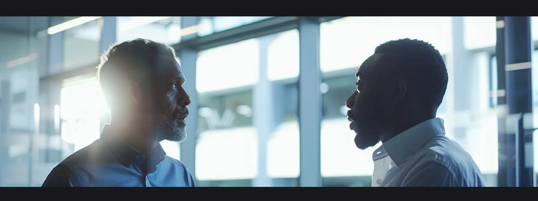 a leader engaging in attentive active listening with a team member, exuding confidence and empathy in a bright, open office setting.