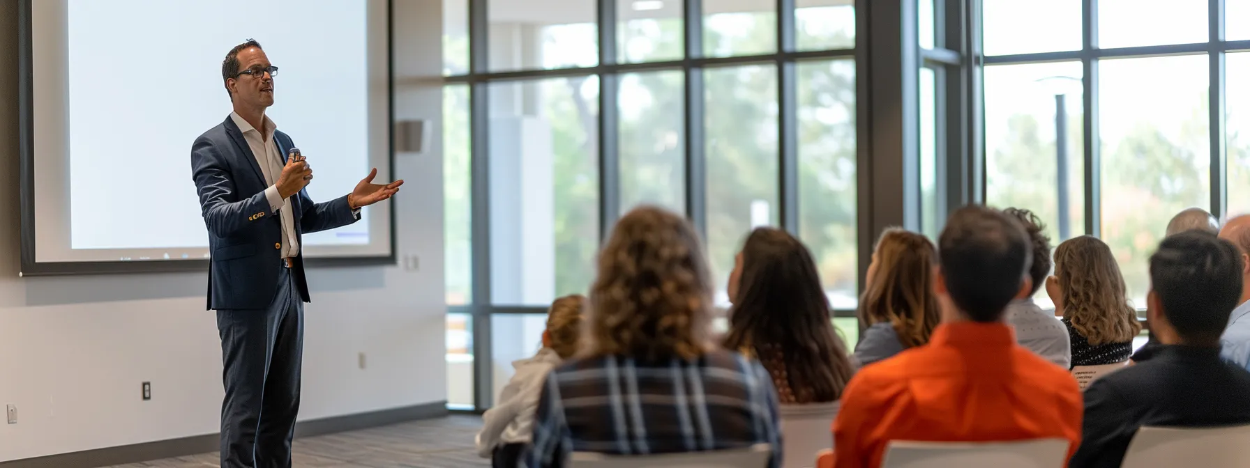 a confident leader giving a compelling presentation, connecting emotionally with team members, and inspiring them with a clear vision for success.