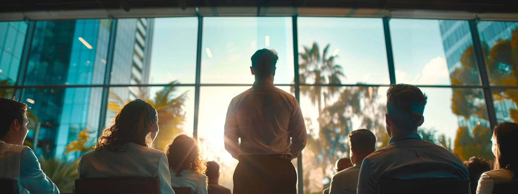 a leader standing at the front of a vibrant, diverse team, sharing a bold, inspiring vision for the future.