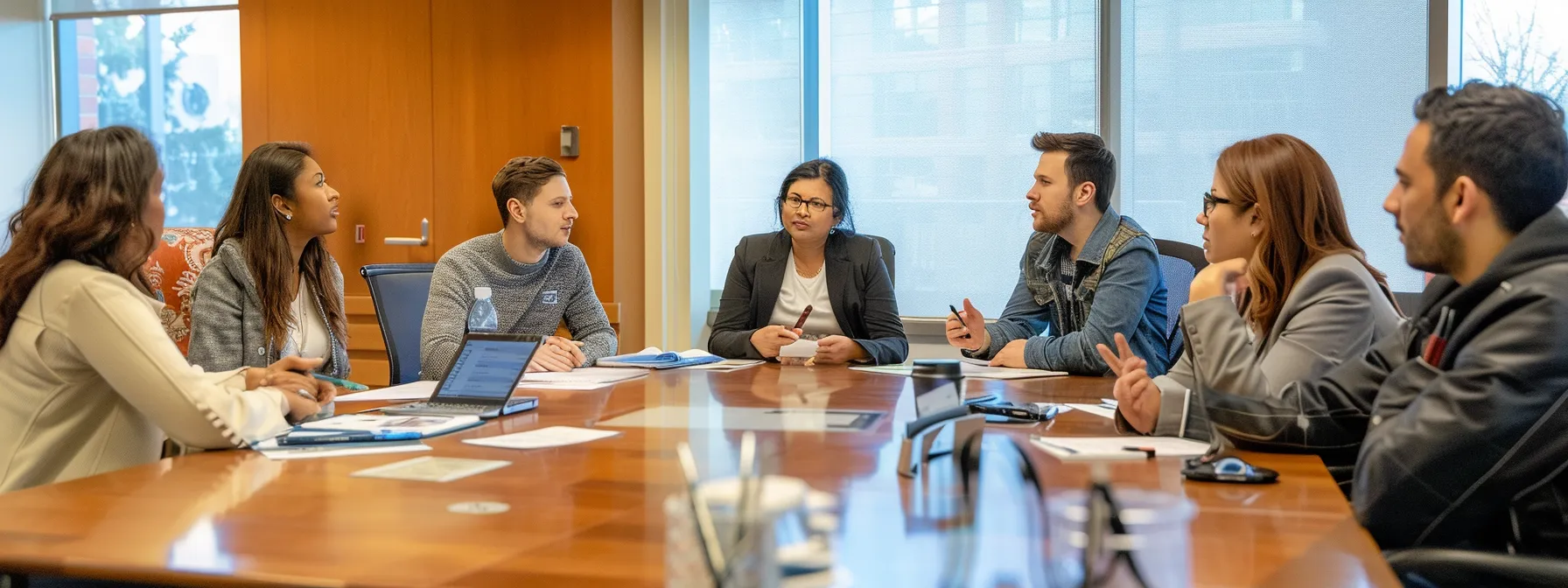 a group of coworkers engaged in a respectful and open discussion at a bright and welcoming office meeting room table.