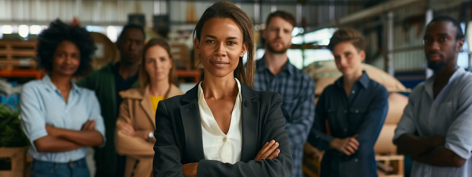 a business leader standing in front of a sustainable business operation, surrounded by a diverse community, embodying transparency, integrity, and social responsibility in action.