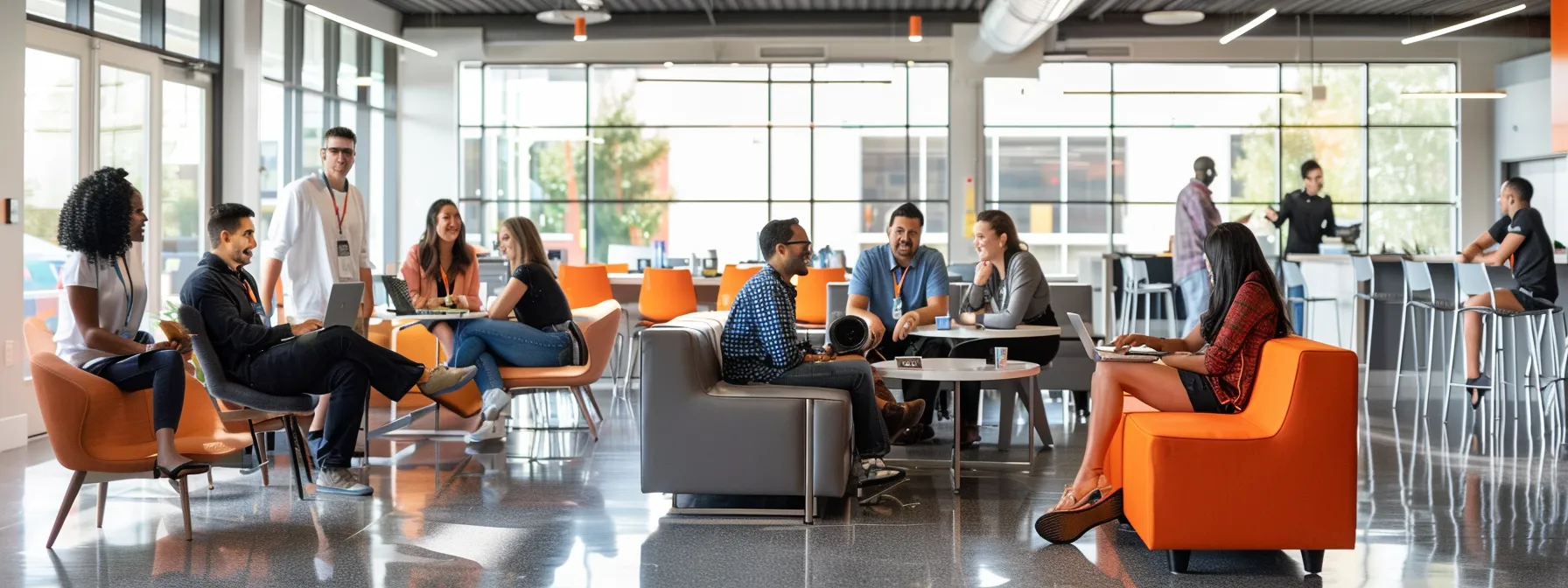 a group of diverse employees passionately brainstorming ideas in a bright, open office space under the guidance of a charismatic leader, showcasing the power of transformational leadership.