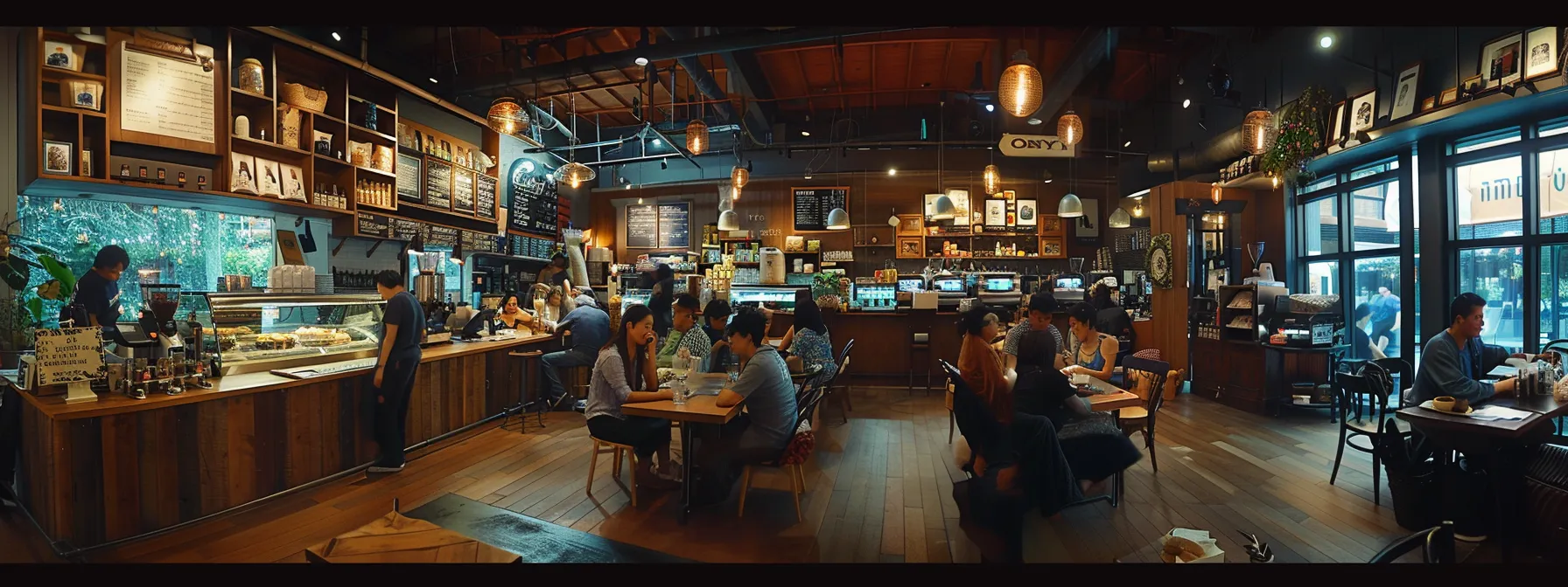 a bustling coffee shop filled with diverse, eco-friendly brews and trendy decor, showcasing the evolving landscape of the coffee chain market.