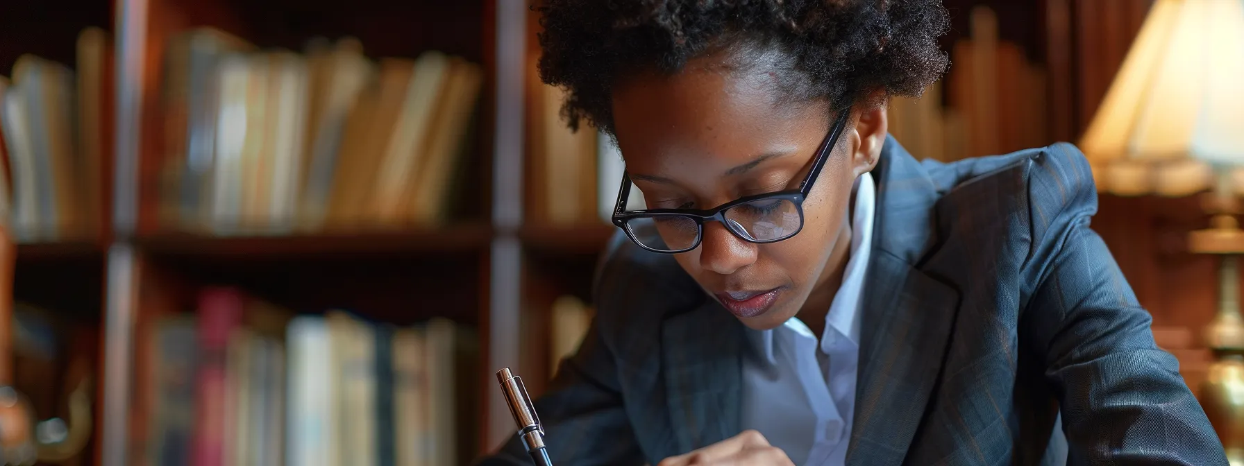 a person wearing business attire writing a character reference letter with a determined expression on their face.