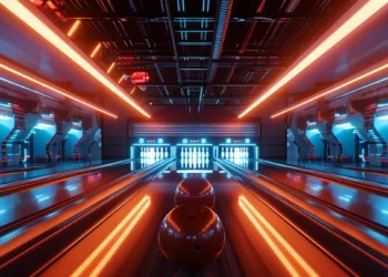 a neon-lit bowling alley with sleek, futuristic bowling balls and high-tech scoring screens.