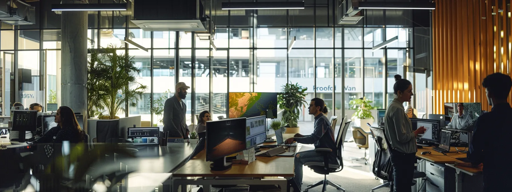 a diverse team of professionals from different departments collaborating on a project, sharing ideas and expertise in a modern office setting.