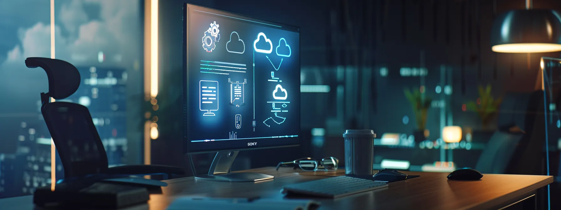 a sleek, modern office desk with a computer screen displaying a digital form for electronic signatures, surrounded by cloud icons representing secure data storage.