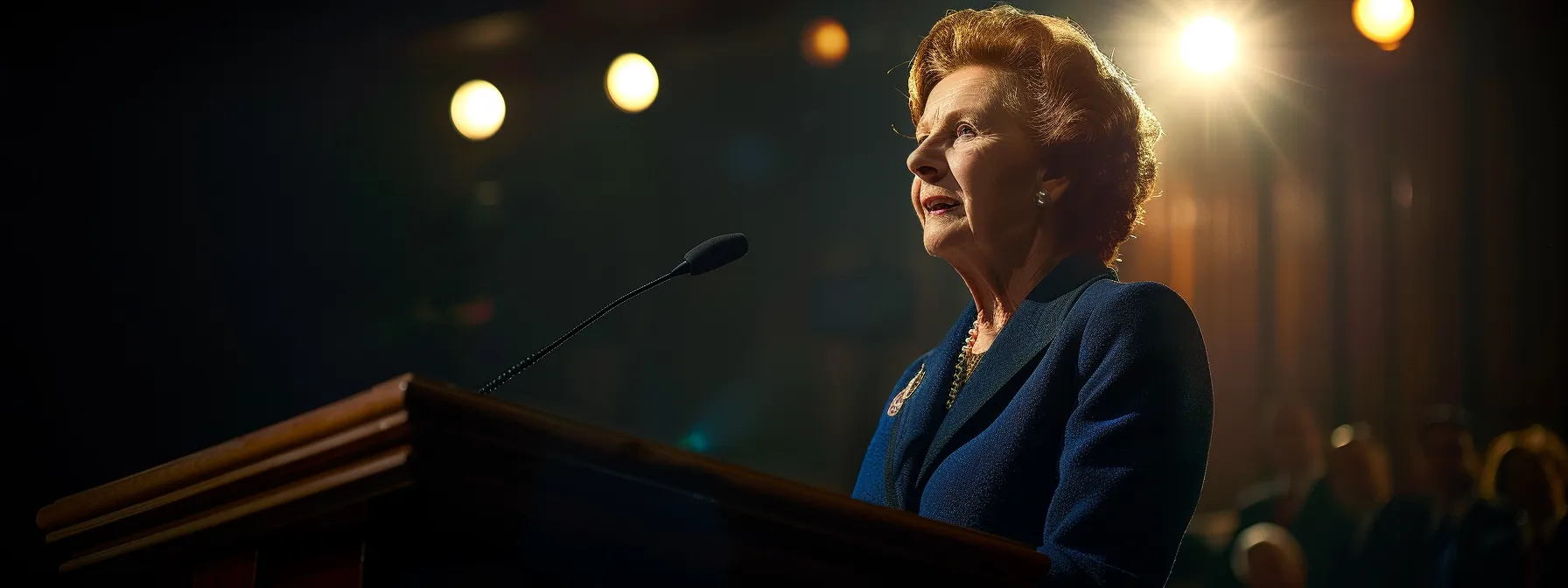 a determined margaret thatcher standing confidently at a podium, challenging the party leadership with conviction.