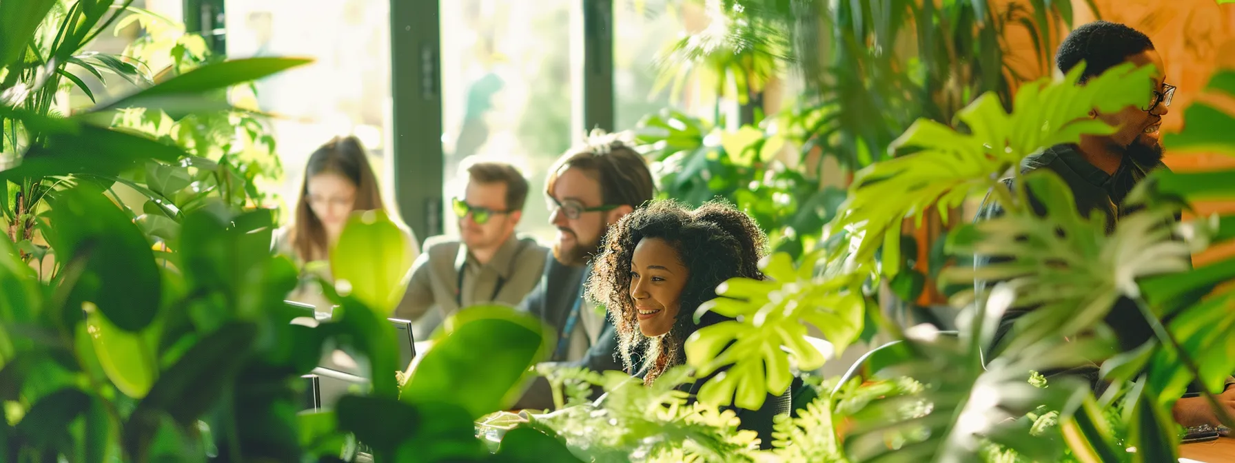 a group of diverse employees happily collaborating in a bright, open office space filled with green plants, promoting a supportive and balanced workplace culture.